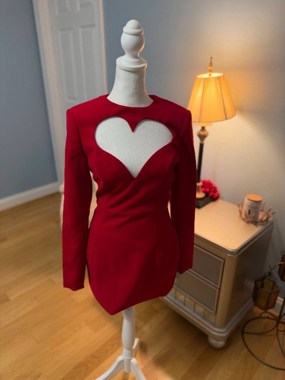Oh Polly Luciana Red Heart Cut Out Long Sleeve Mini Dress Size 4